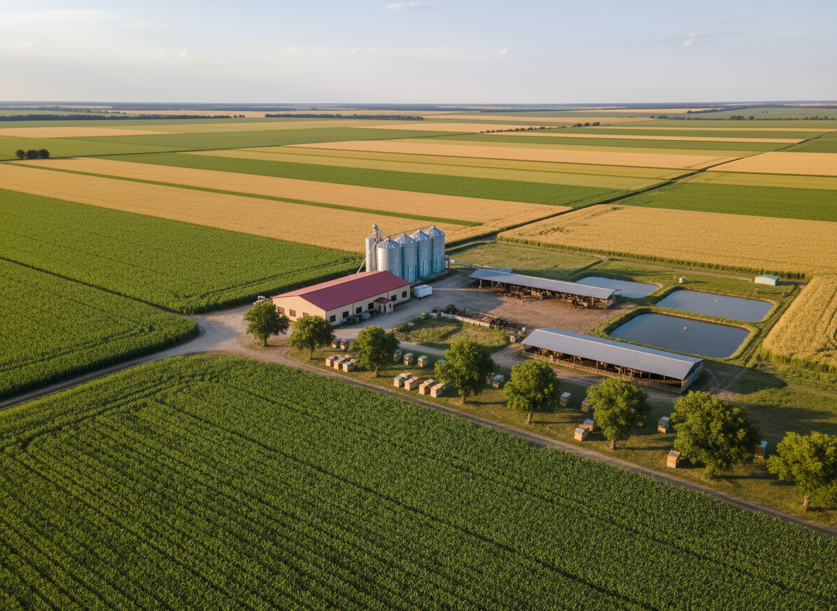 An expansive, meticulously cultivated agribusiness landscape captured in photographic realism, with alternating bands of lush green maize, golden wheat, and vibrant soya fields stretching toward a hazy horizon. In the middle distance, a modern, neatly painted grain storage facility and metal silos stand beside an orderly farm yard with covered livestock pens, fish ponds shimmering in the sun, and neat rows of beehives under scattered trees. Soft late-afternoon sunlight casts long, gentle shadows across the fields, emphasizing the furrows and plant textures. Shot from a slightly elevated, wide-angle perspective, the composition uses the rule of thirds and sharp focus throughout, conveying a professional, prosperous, and sustainable operation with a calm, optimistic atmosphere.